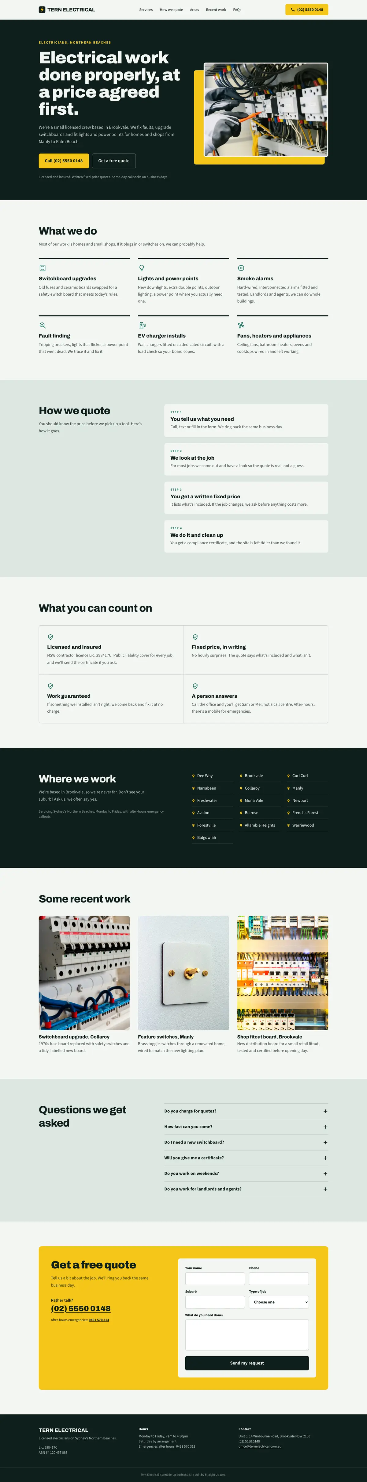 The full Tern Electrical homepage, top to bottom