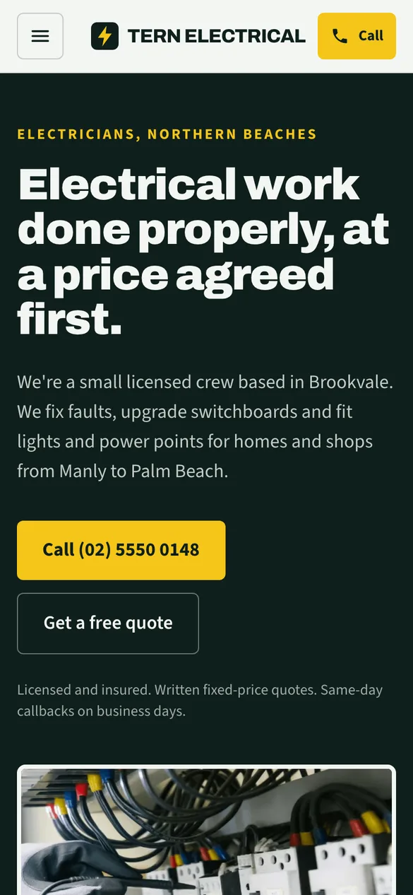 The Tern Electrical example site on a phone