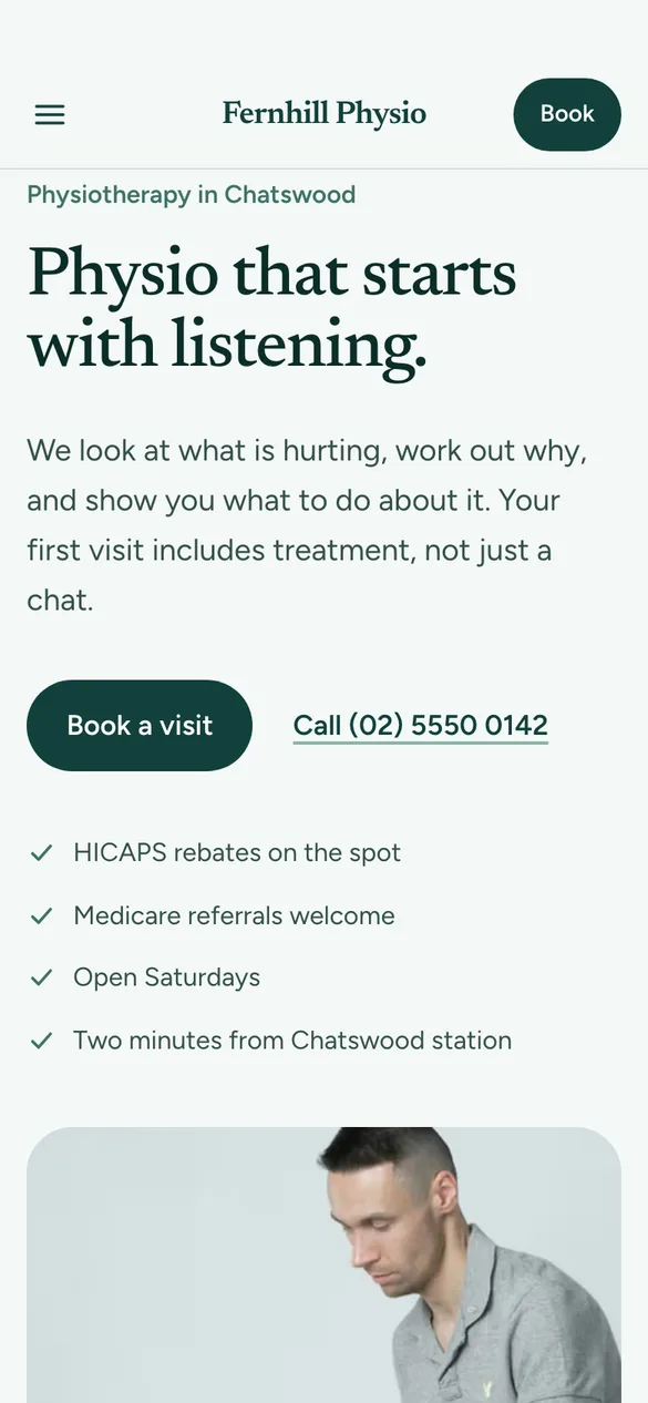 The Fernhill Physiotherapy example site on a phone