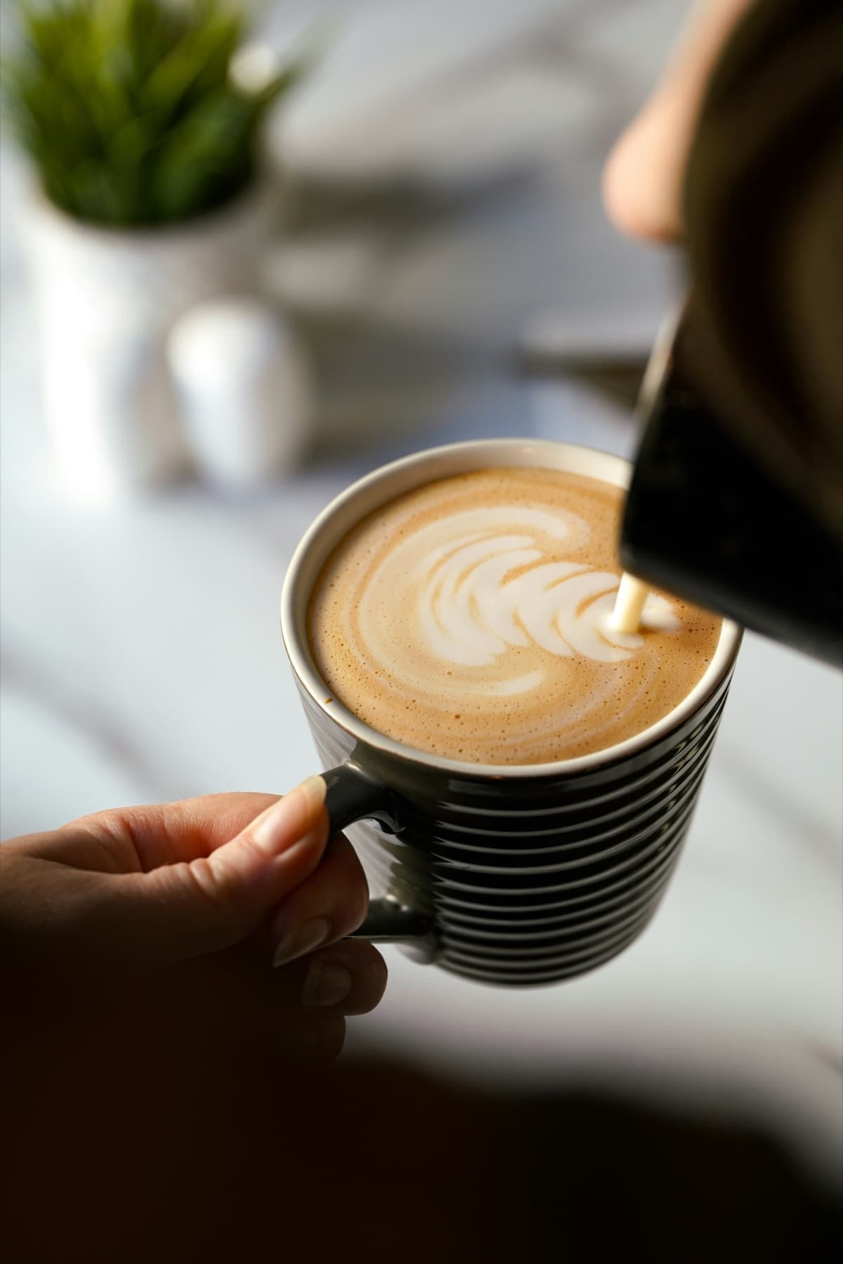 Milk being poured into a latte in a striped cup