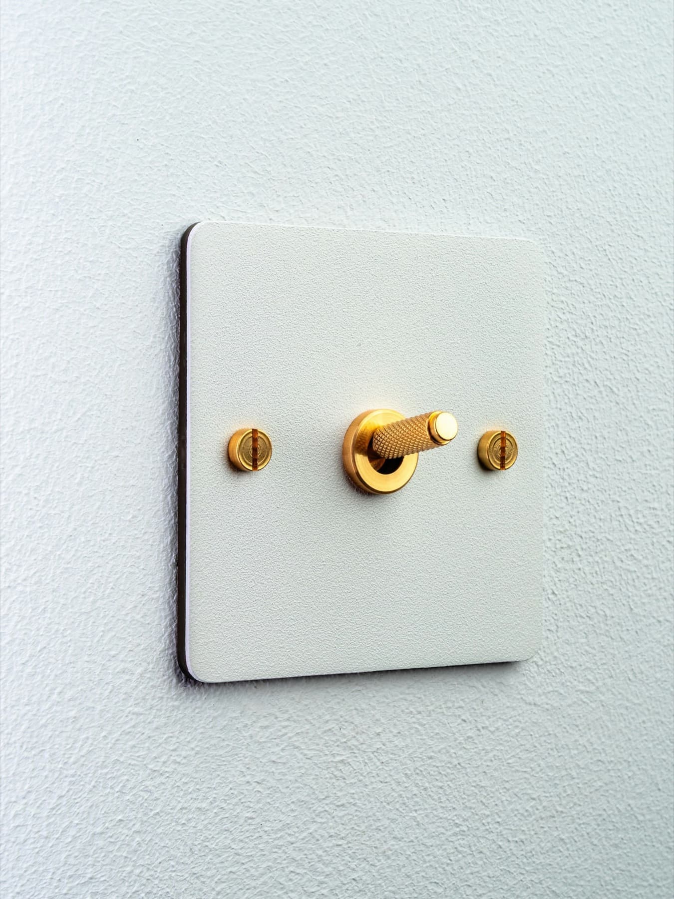 White wall plate with a brass toggle switch