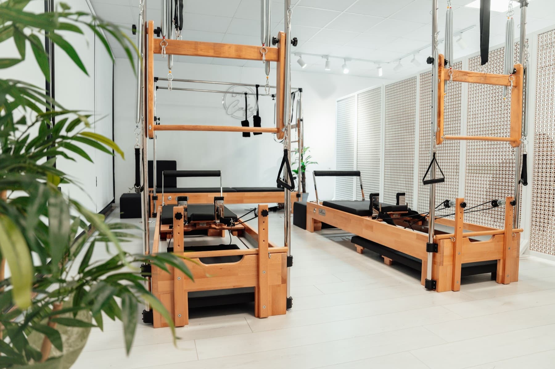 Two wooden reformer machines with plants in a bright room