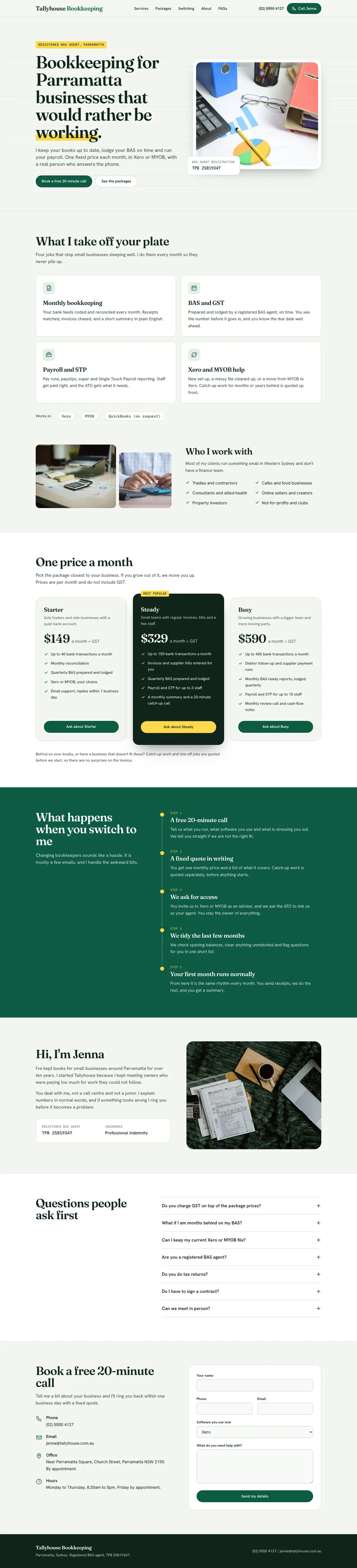 The full Tallyhouse Bookkeeping homepage, top to bottom