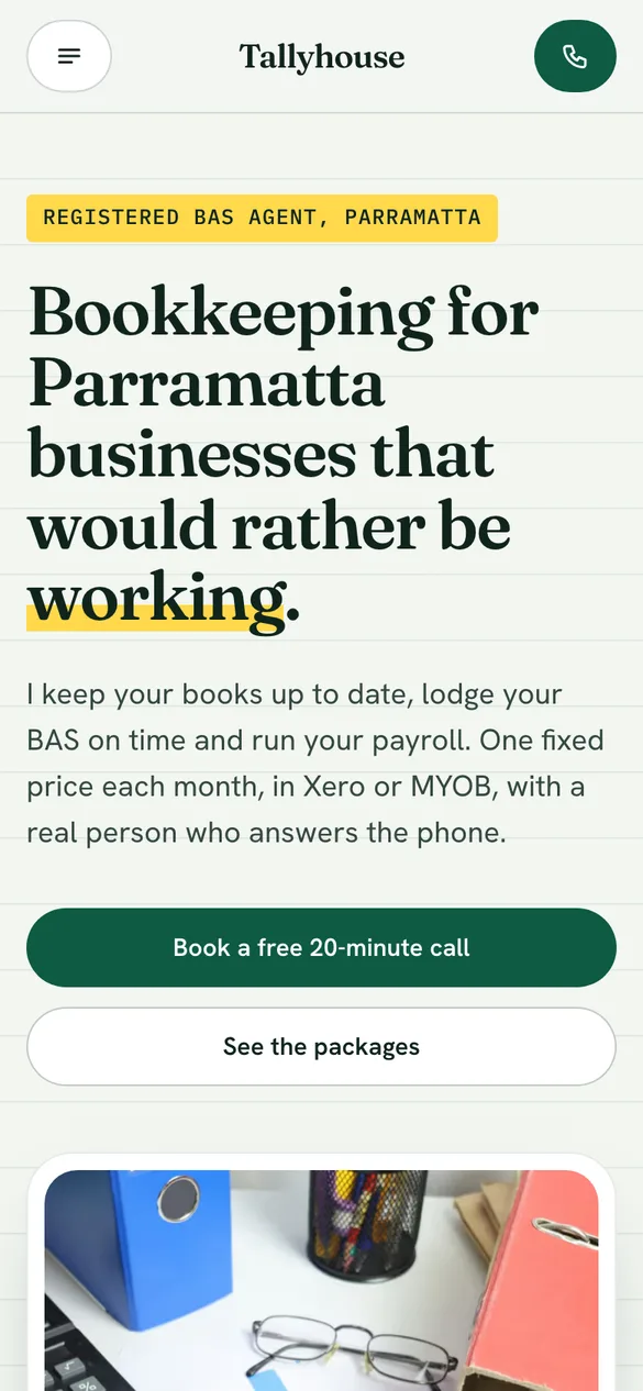 The Tallyhouse Bookkeeping example site on a phone