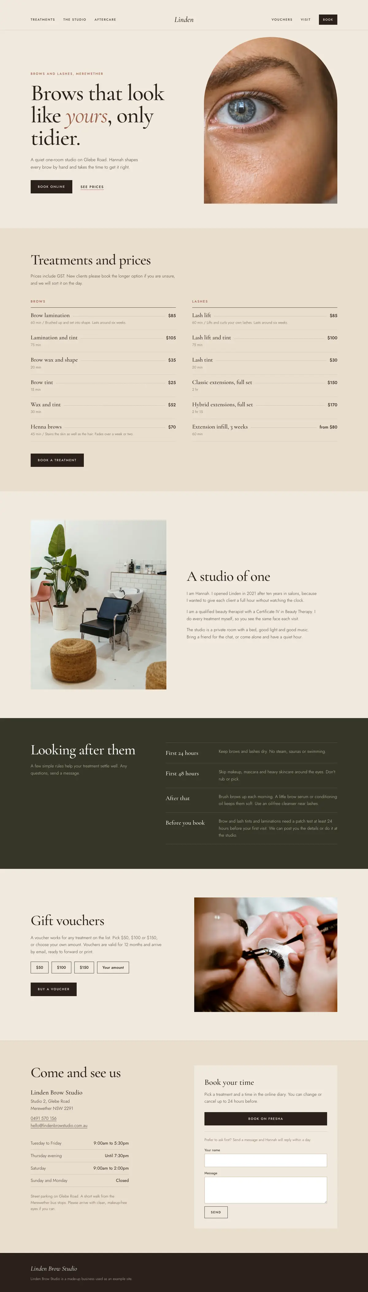 The full Linden Brow Studio homepage, top to bottom