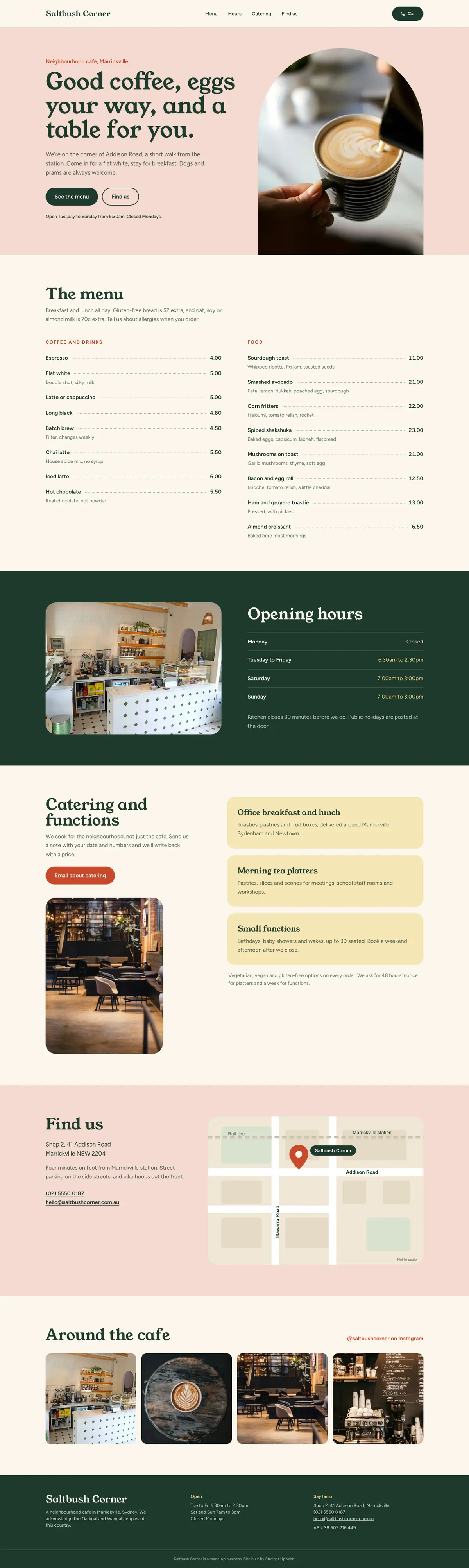 The full Saltbush Corner homepage, top to bottom