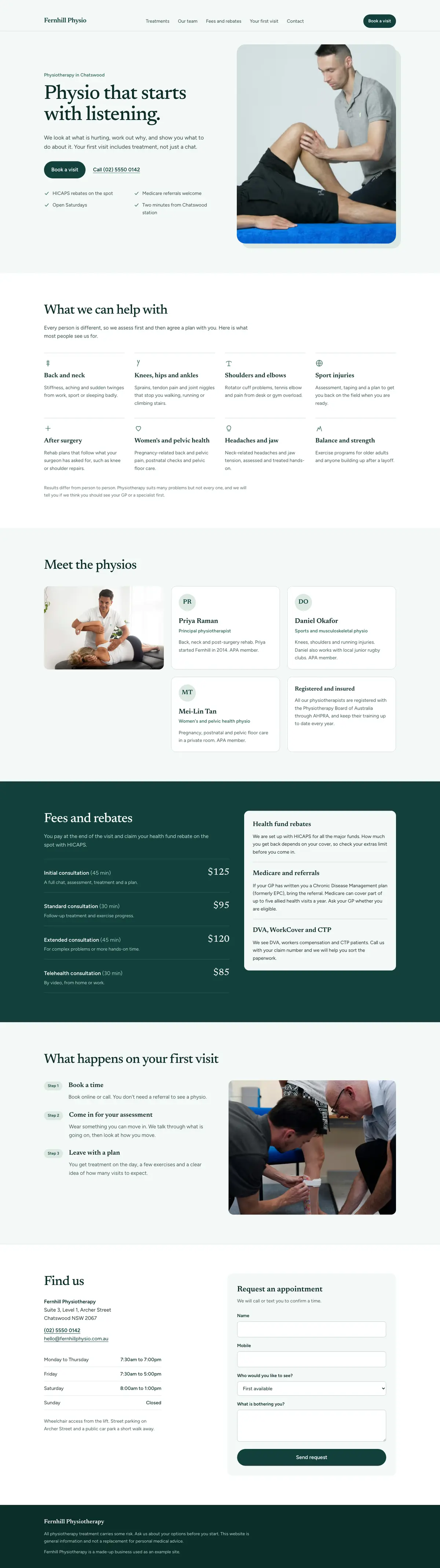 The full Fernhill Physiotherapy homepage, top to bottom