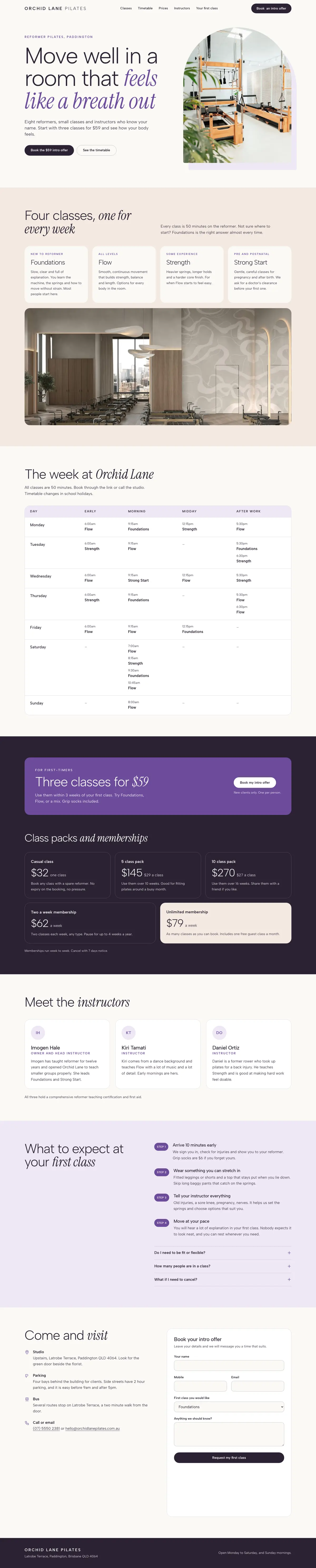 The full Orchid Lane Pilates homepage, top to bottom