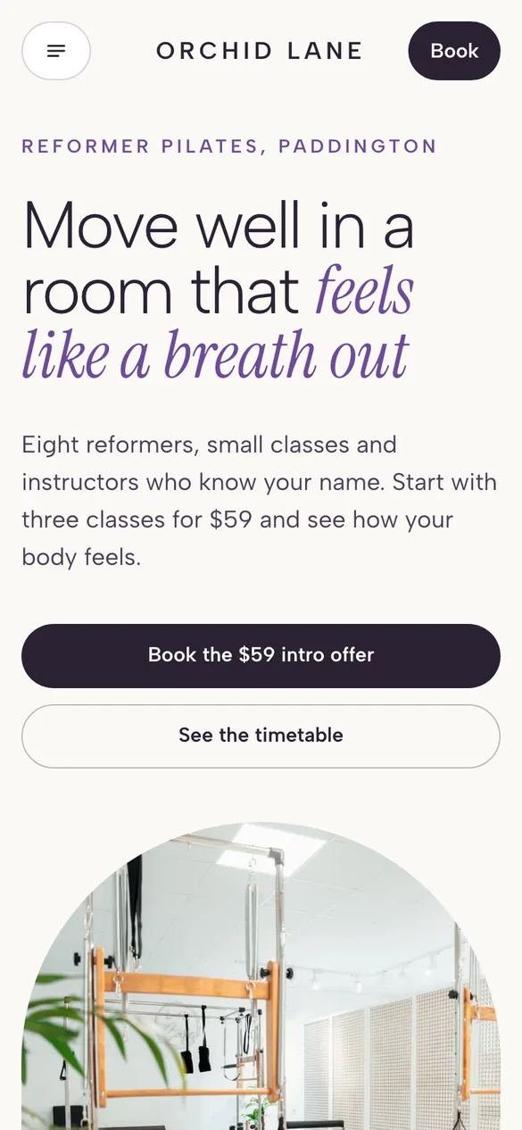 The Orchid Lane Pilates example site on a phone